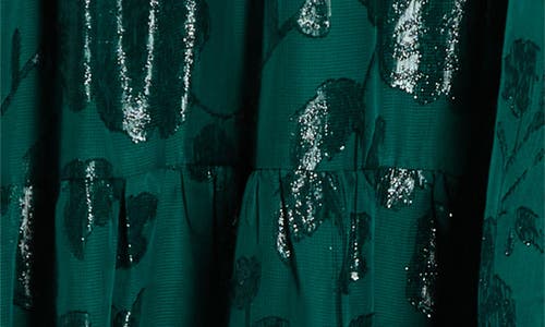 Anne Klein Floral Metallic Long Sleeve Asymmetric Tiered Dress In Green