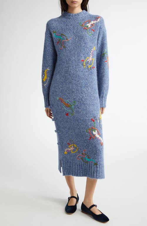 YanYan Shrimp Embroidered Long Sleeve Maxi Sweater Dress in Ocean 