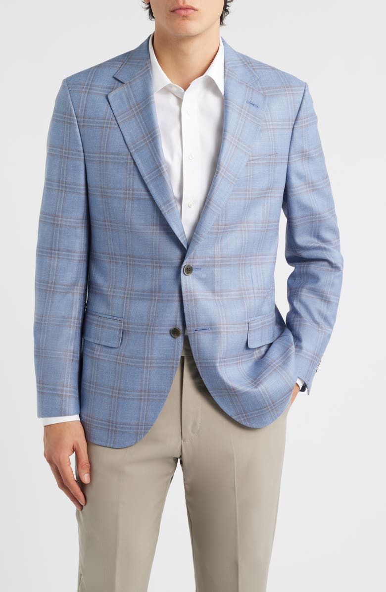 Peter Millar Hyperlight Soft Light Blue Plaid Wool & Silk Blend Sport Coat, Main, color, 
