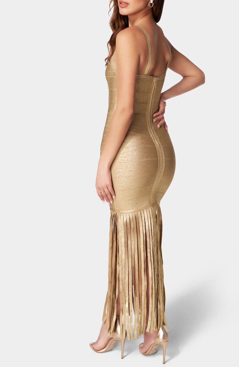 bebe Metallic Fringe Detail Bandage Body-Con Gown, Alternate, color, 