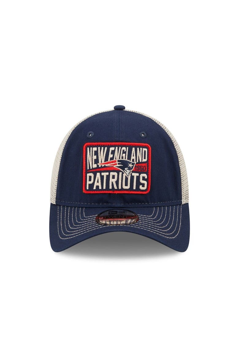 Men's New Era  Navy/Natural New England Patriots  Devoted Trucker 9TWENTY Snapback Hat, Alternate, color, Navy