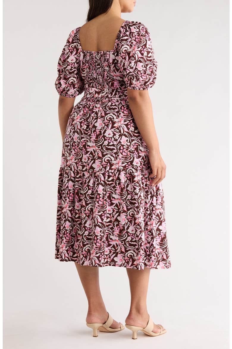 Puff Sleeve Linen Blend Midi Dress, Alternate, color, BROWN CHOCOLATE DAISY GARDEN
