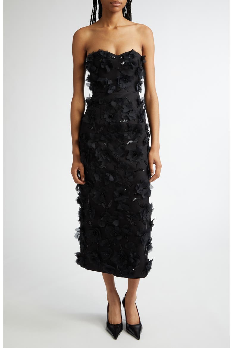 Floral Strapless Silk & Wool Dress, Main, color, BLACK