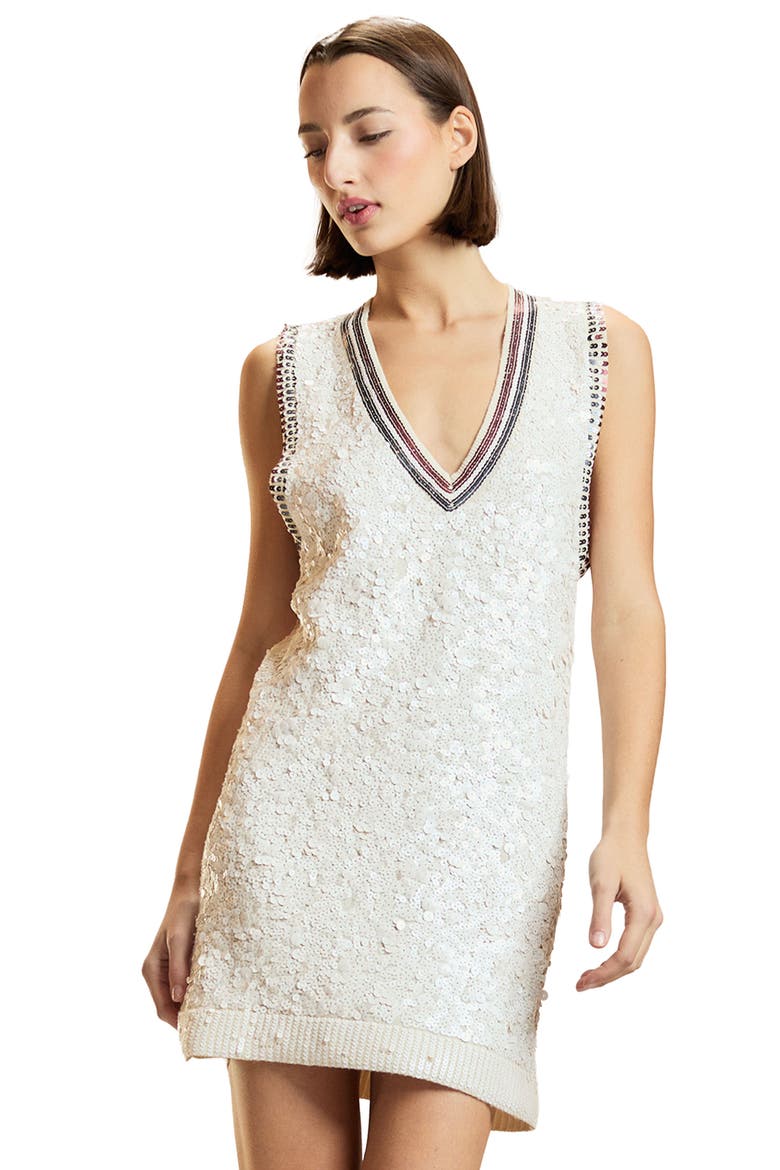 Sequin V-Neck Mini Knit Dress, Alternate, color, White