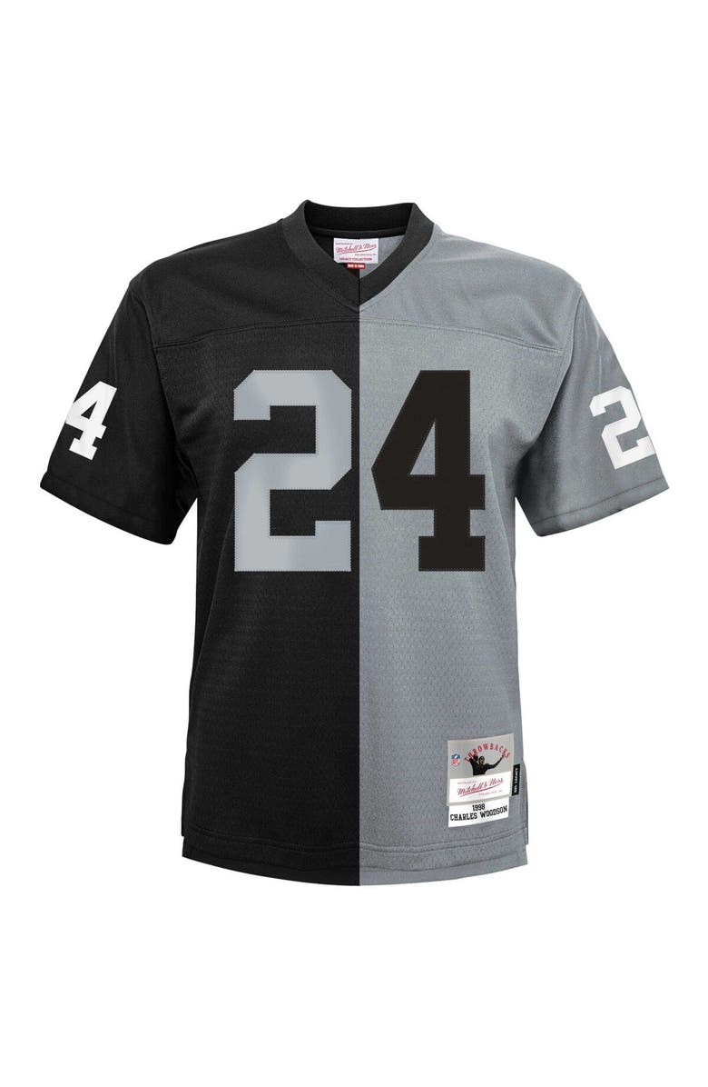 Mitchell & Ness Youth Mitchell & Ness Charles Woodson Black/Silver Las Vegas Raiders Split Legacy Jersey, Alternate, color, 