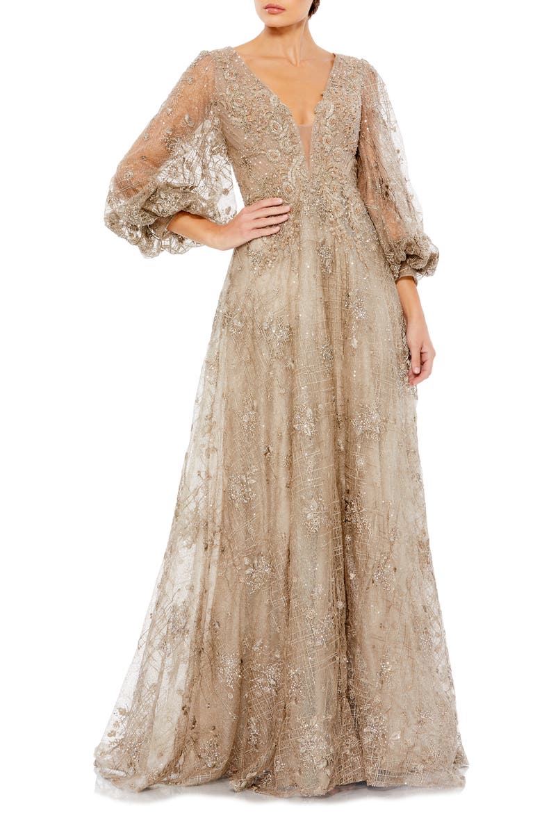 Embellished Plunge Neck Puff Sleeve A Line Gown, Main, color, MOCHA