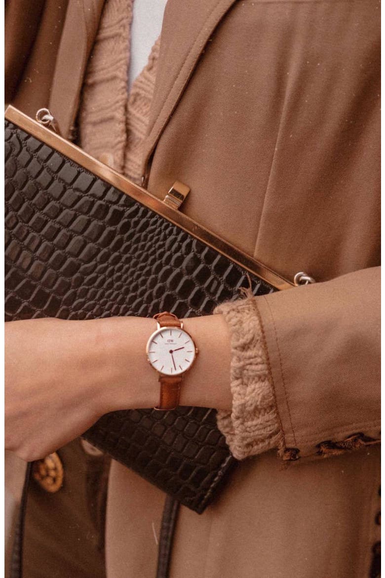 Classic Petite Leather Strap Watch, 28mm, Alternate, color, LIGHT BROWN/ WHITE/ ROSE GOLD