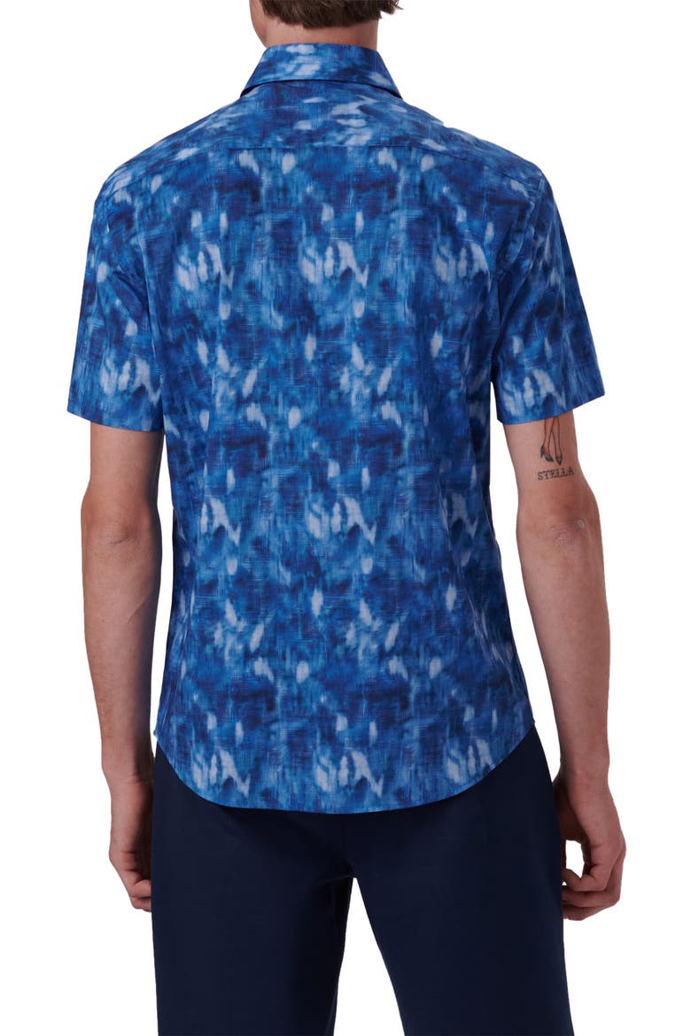 Shaped Fit Print Stretch Cotton Short Sleeve Button-Up Shirt, Alternate, color, FRENCH BLUE