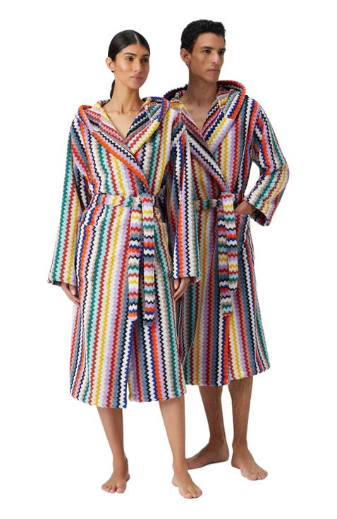 Riverbero Bathrobe In Cotton Terry With Zigzag Pattern