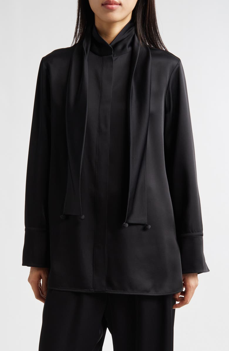 Jil Sander Fluid Satin Shirt with Scarf Ties, Main, color, Black