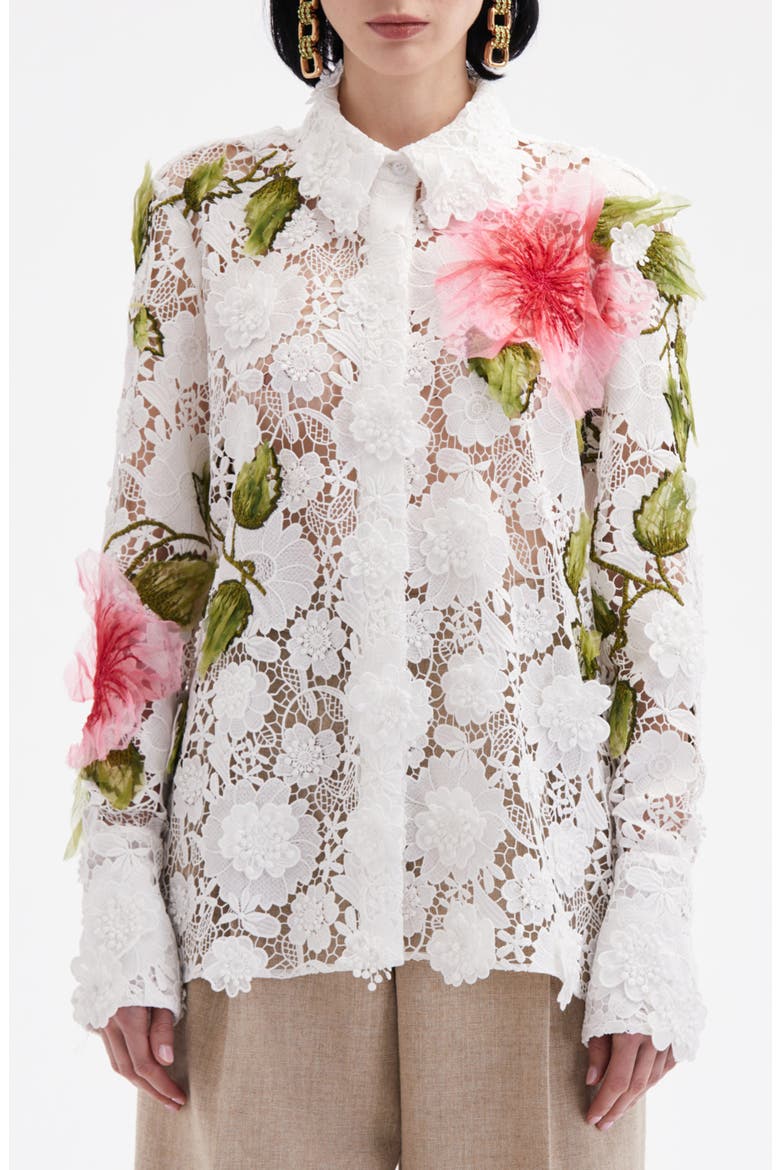 Hibiscus Embroidered Floral Guipure Button-Up Shirt, Main, color, WHITE
