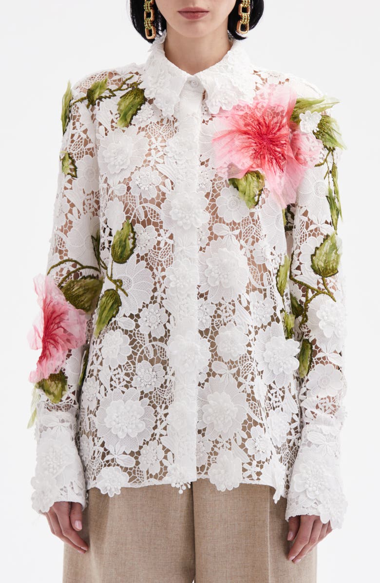 Oscar de la Renta Hibiscus Embroidered Floral Guipure Button-Up Shirt, Main, color, 