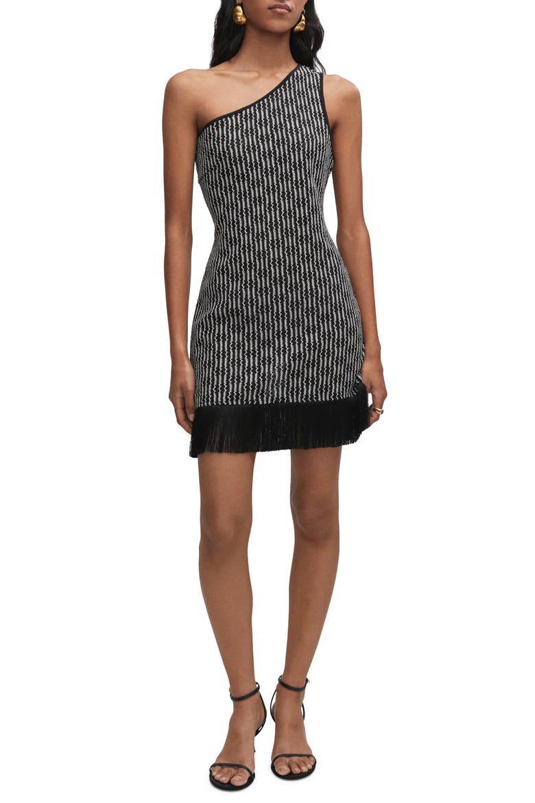 One-Shoulder Fringe Hem Knit Dress, Main, color, BLACK