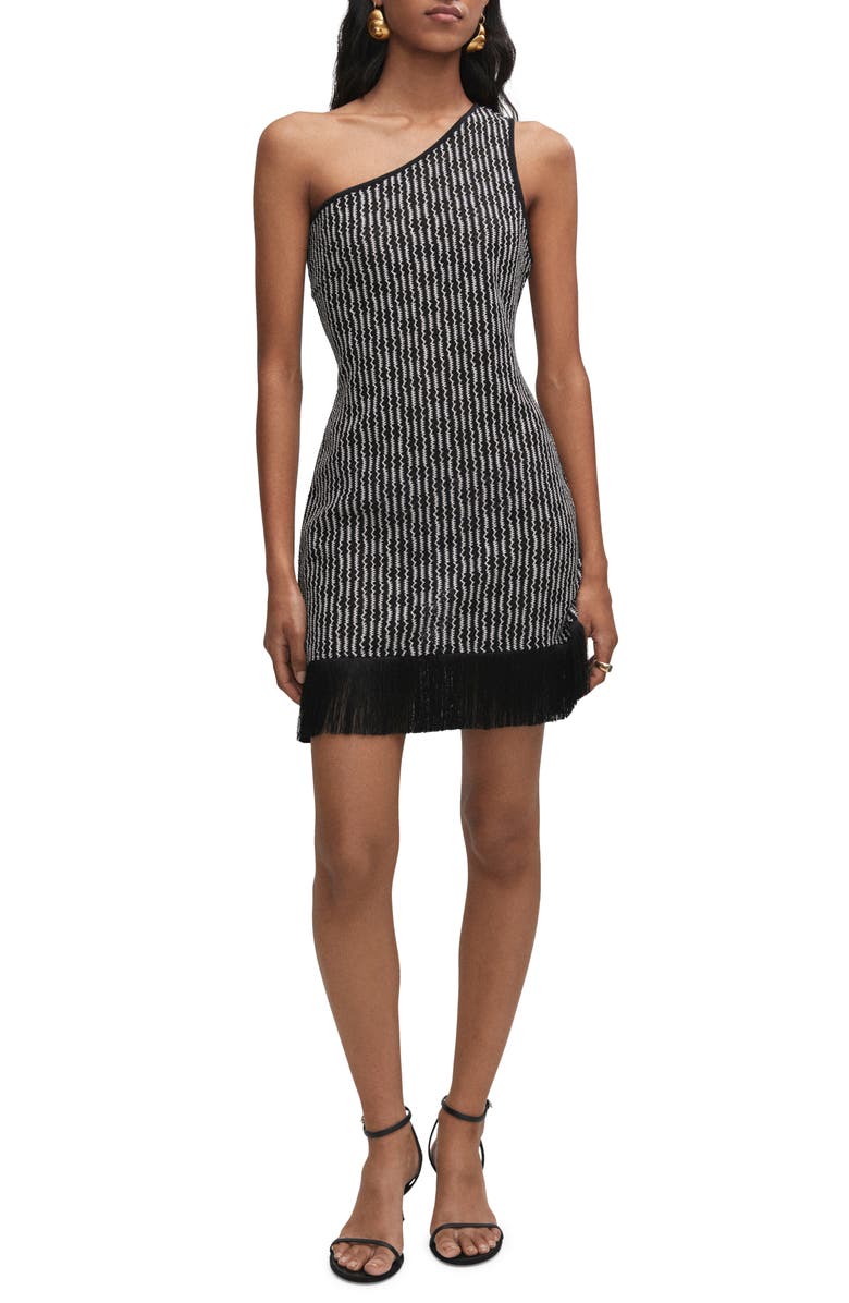 MANGO One-Shoulder Fringe Hem Knit Dress, Main, color, 