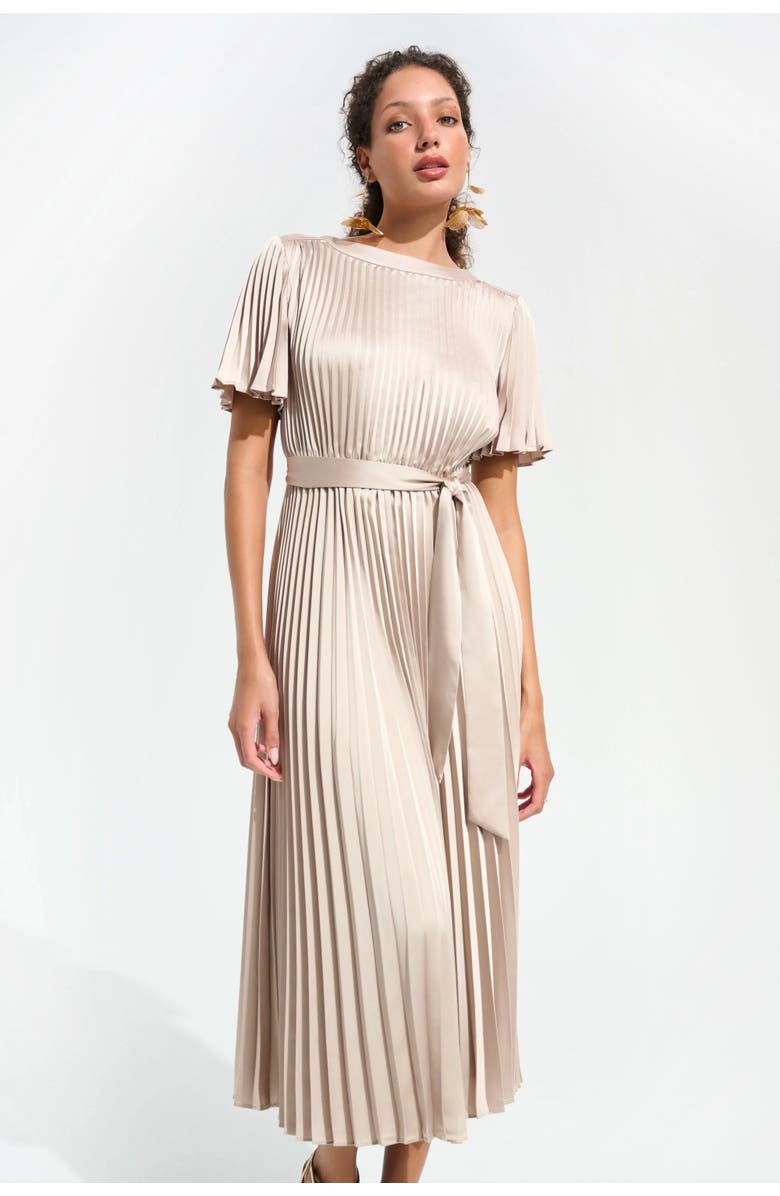 JOSEPH RIBKOFF Signature | Pleated Satin Fit And Flare Dress With Sash Belt, Main, color, Sand