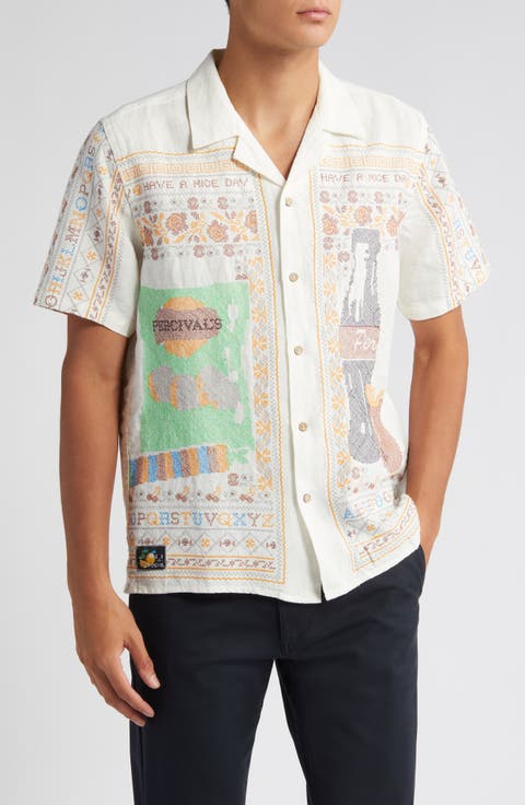 Meal Deal Embroidered Short Sleeve Linen Graphic Camp Shirt