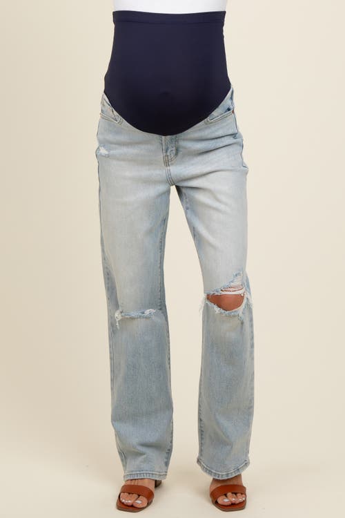 Pinkblush Open Knee Relaxed Straight Leg Maternity Jeans In Blue
