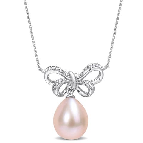 Pink Cultured Pearl & Diamond Bow Necklace 10k