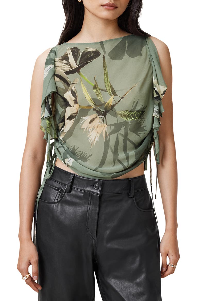 Bettie Botanical Print Sleeveless Ruched Top, Main, color, EMERGE OLIVE GREEN