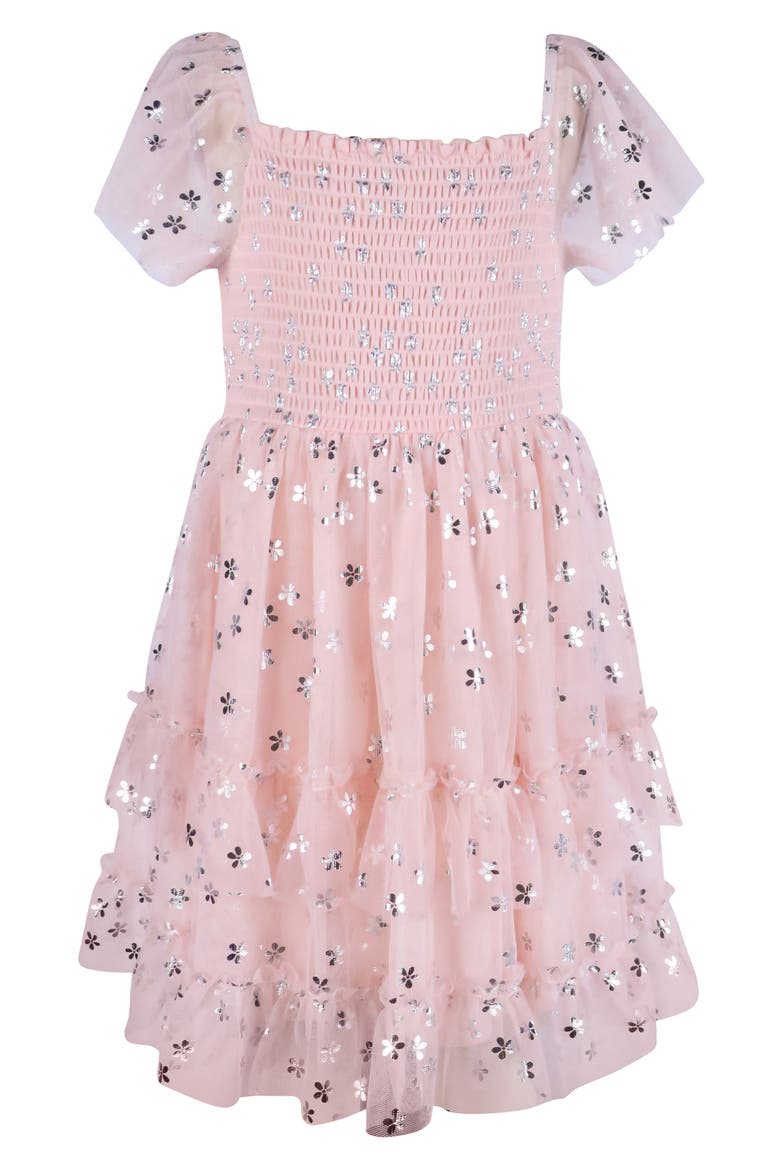 Kids' Foil Print Puff Sleeve Smocked Bodice Dress, Alternate, color, BLUSH