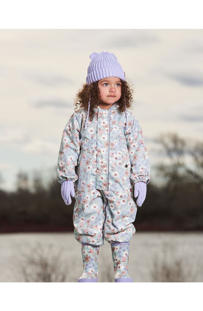 Deux par Deux Baby Girl's Baby Printed Mid-Season One-Piece Outerwear With Hat Small White Flowers On Turquoise And Lilac, Alternate, color,