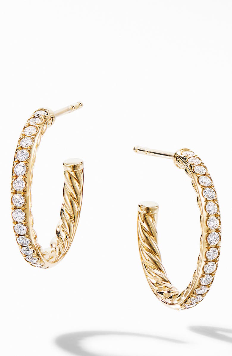 David Yurman Extra Small Hoop Earrings in 18K Yellow Gold with Pavé Diamonds, Main, color,