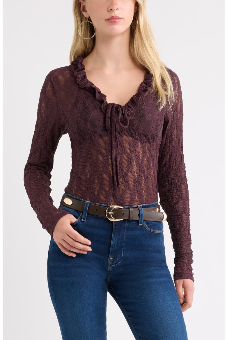 Ruffle Tie Neck Lace Top, Main, color, BURGUNDY FUDGE
