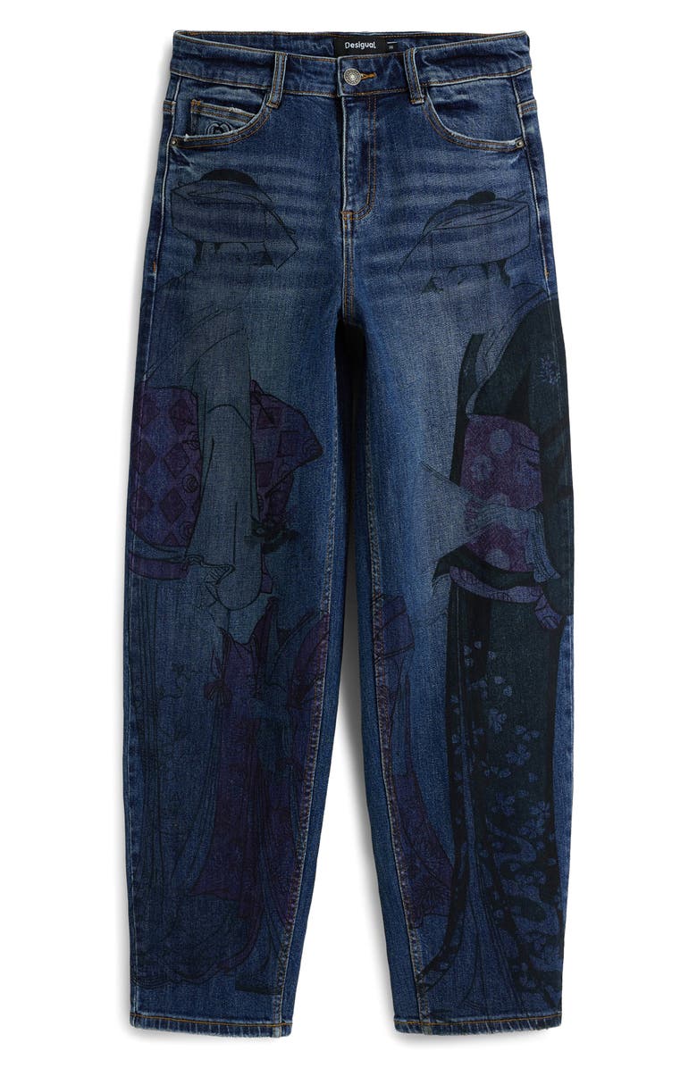 Desigual Graphic Barrel Leg Ankle Jeans, Alternate, color, Dark Blue