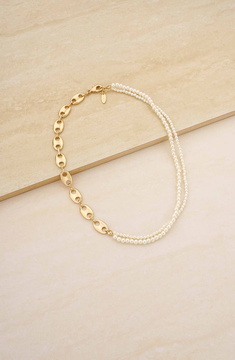Ettika Meet Me Halfway Imitation Pearl & Mariner Link Necklace, Alternate, color, Gold