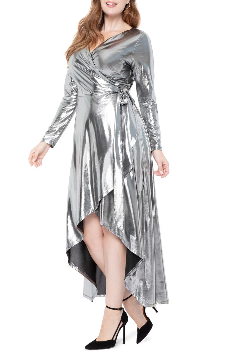 ELOQUII Metallic Long Sleeve Jersey Wrap Maxi Dress, Main, color,