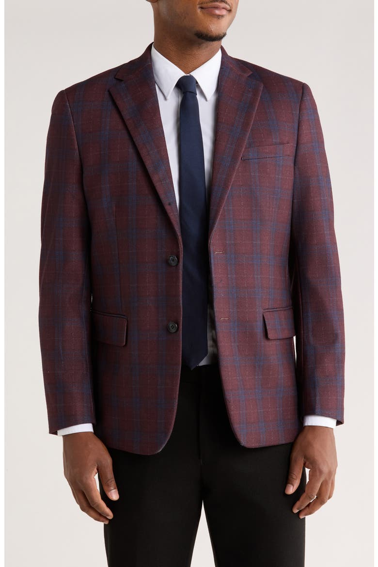 Slim Fit Plaid Stretch Knit Blazer, Main, color, BURGUNDY