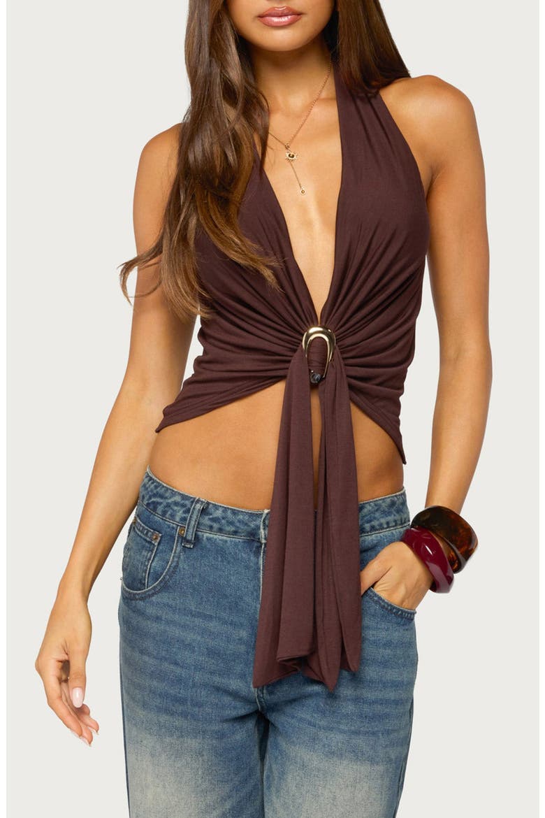 Dixi Buckle Draped Plunge Neck Halter Top, Main, color, BROWN