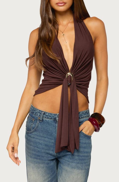Dixi Buckle Draped Plunge Neck Halter Top