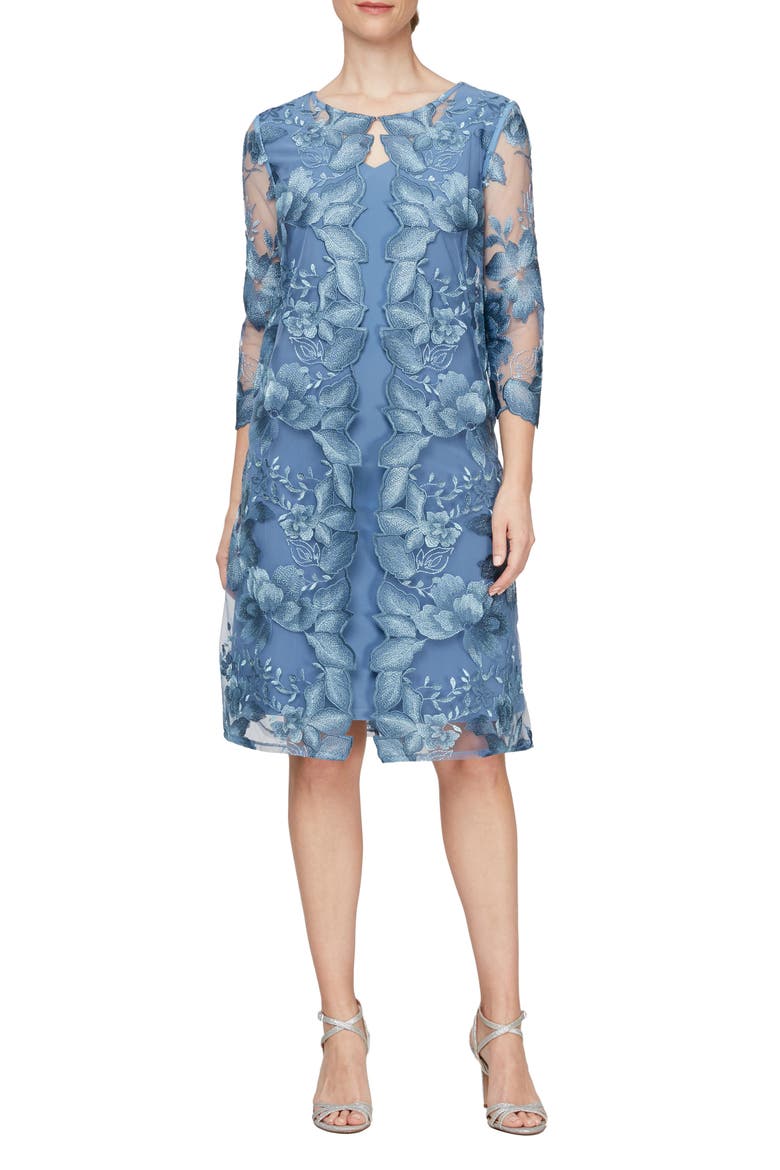 Embroidered Lace Mock Jacket Cocktail Dress, Main, color, VINTAGE BLUE