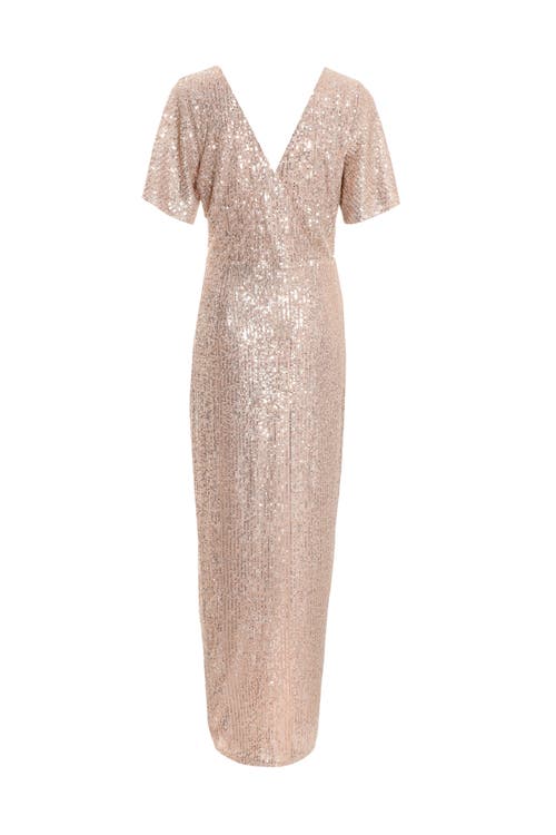 Quiz Sequin Wrap Batwing Maxi Dress In Neutral