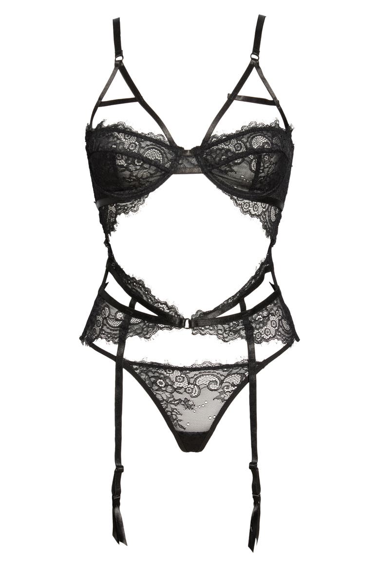 Underwire Bra, Thong and Garter Belt Set, Alternate, color, BLACK