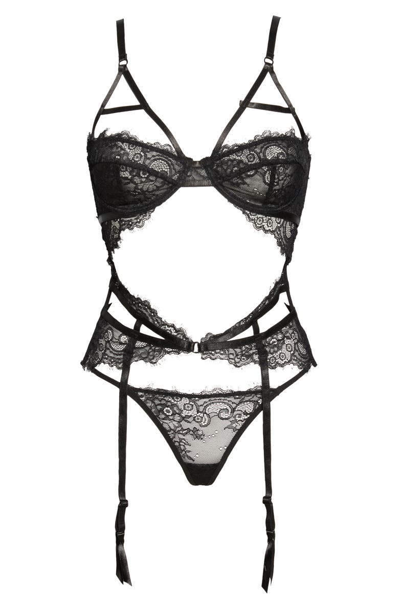 Oh La La Cheri Underwire Bra, Thong and Garter Belt Set, Alternate, color,