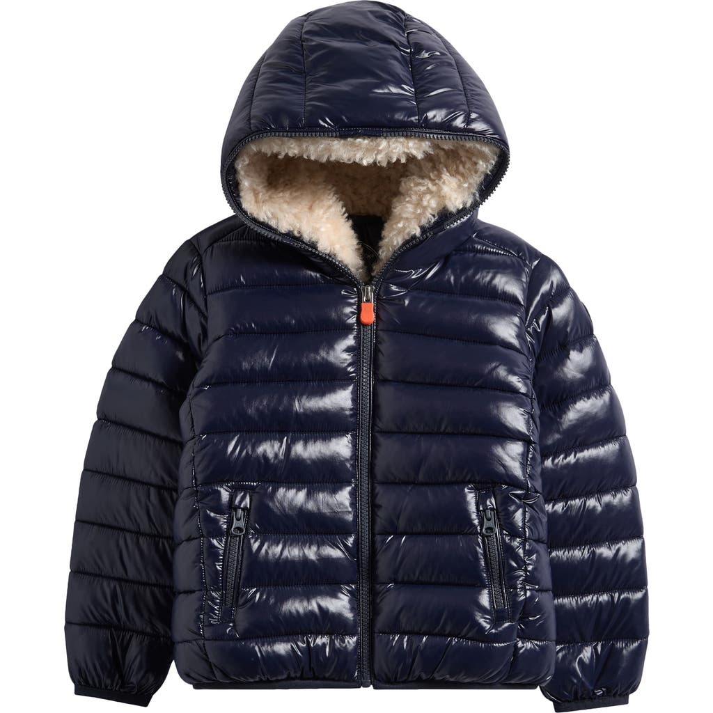 Save The Duck Kids' Gavin Faux Shearling Lined Hooded Puffer Jacket In Black