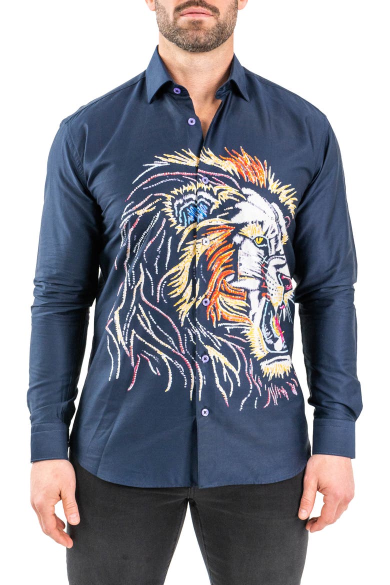 Fibonacci Lion Embroidered Contemporary Fit Button-Up Shirt, Main, color, BLUE