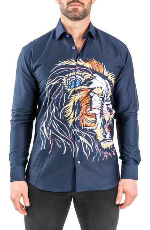 Fibonacci Lion Embroidered Contemporary Fit Button-Up Shirt