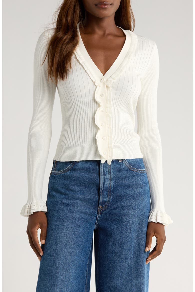 Demetra Ruffle Rib Cardigan, Main, color, ANTIQUE WHITE