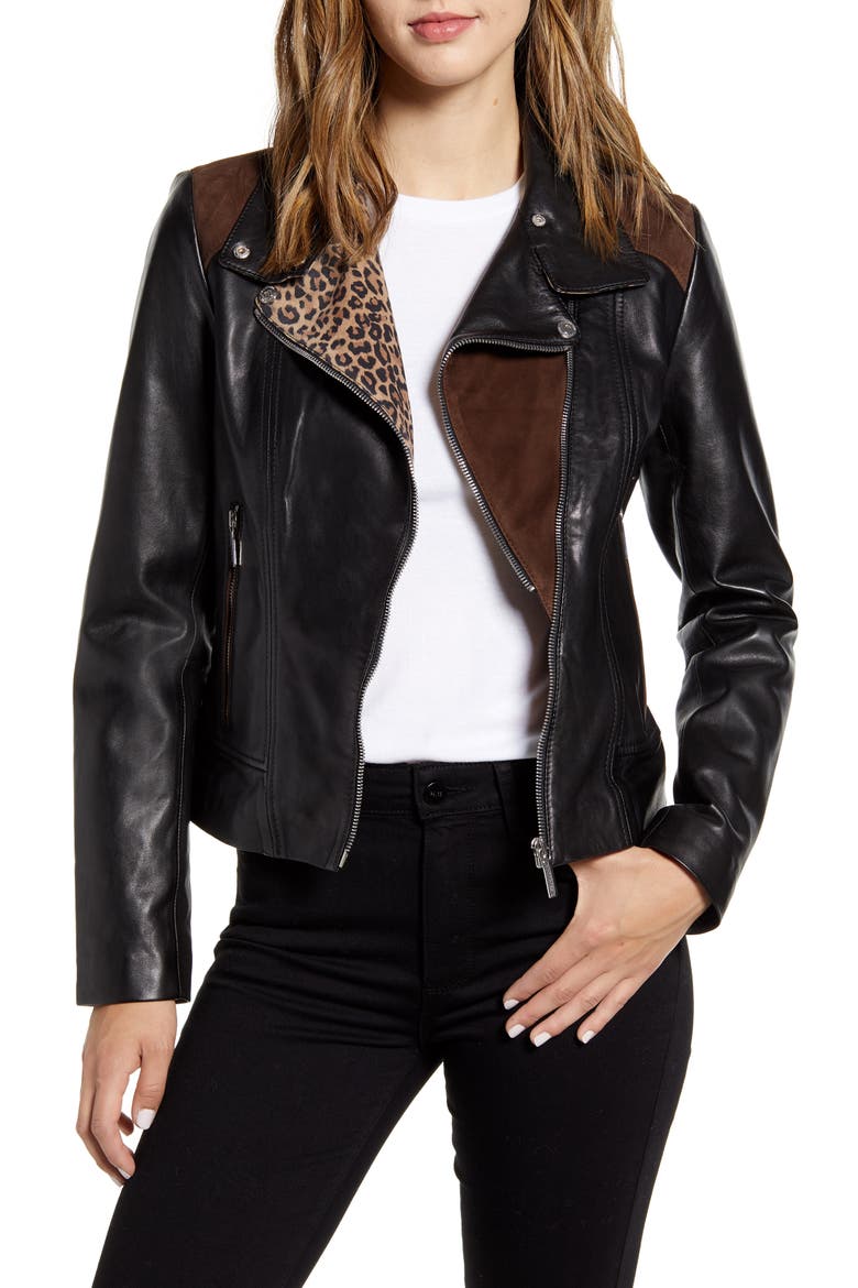 Mixed Media Leather Moto Jacket, Main, color, BLACK