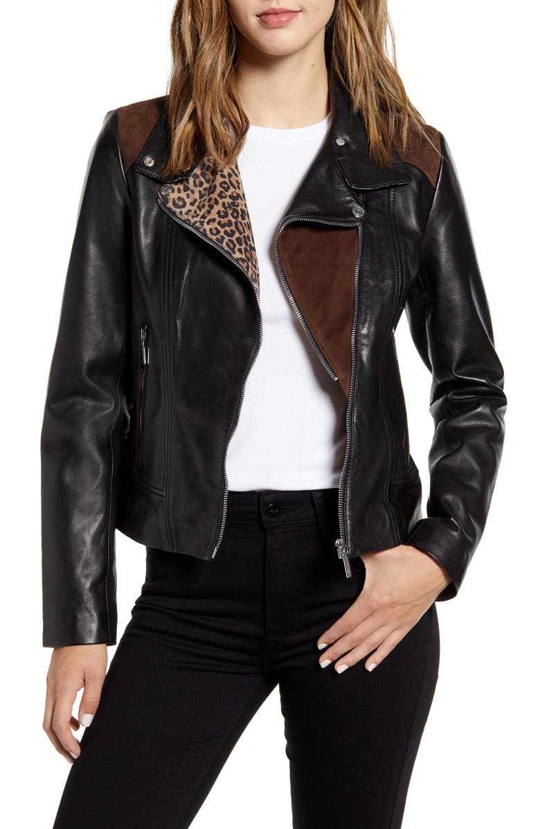 Bernardo Mixed Media Leather Moto Jacket, Main, color,