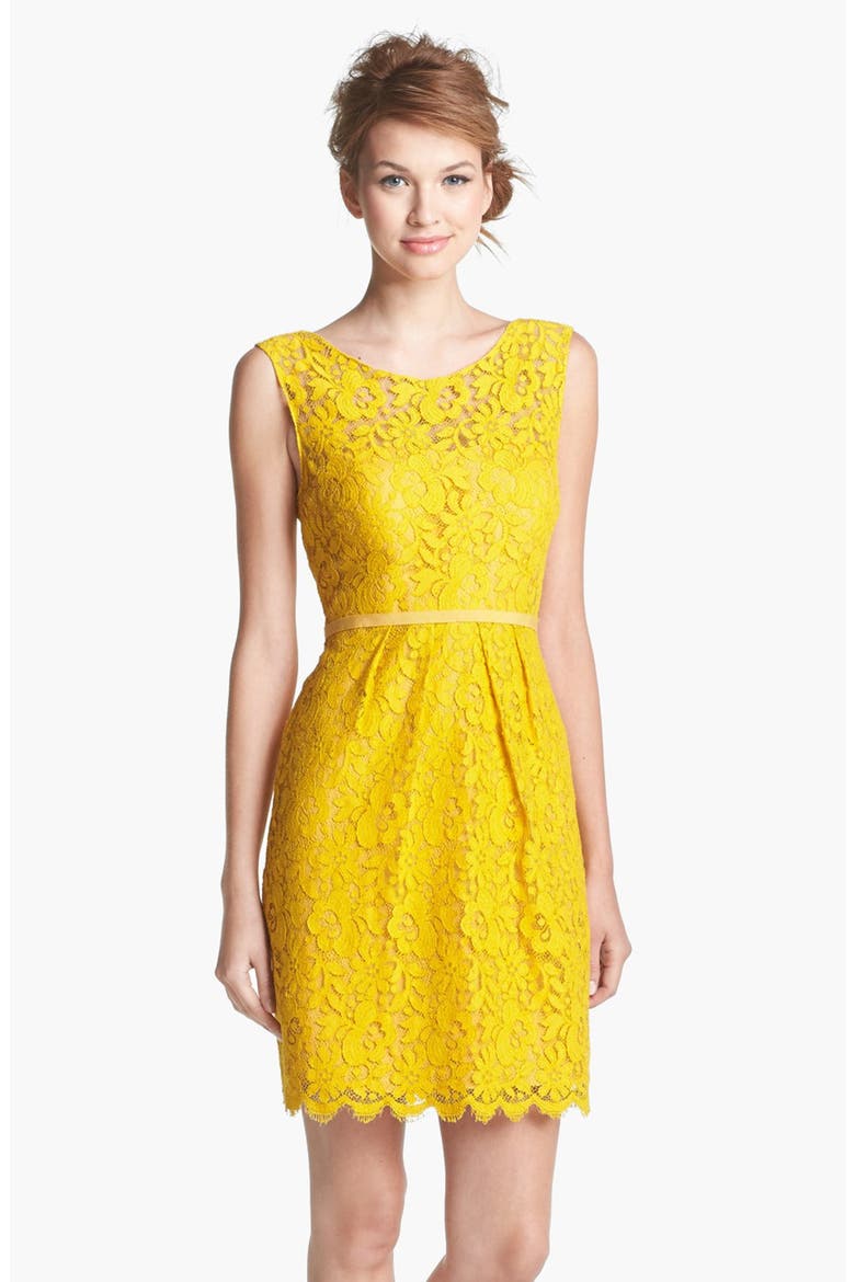 Harlow Tea Lace Sheath Dress, Main, color, MUSTARD