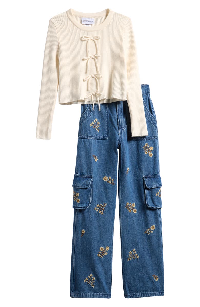 Tween Diva Kids' Bow Sweater & Cargo Jeans Set, Main, color, Ivory