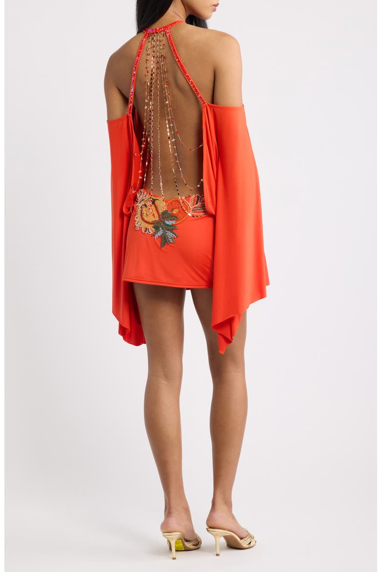 Beaded Halter Batwing Minidress, Alternate, color, ORANGE