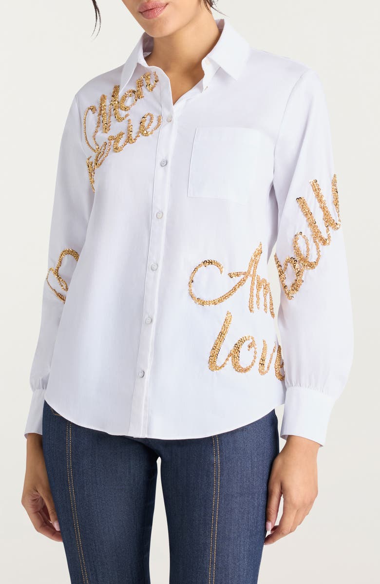 Cinq à Sept Love Letter Crushed Sequin Button-Up Shirt, Main, color, White/ Gold