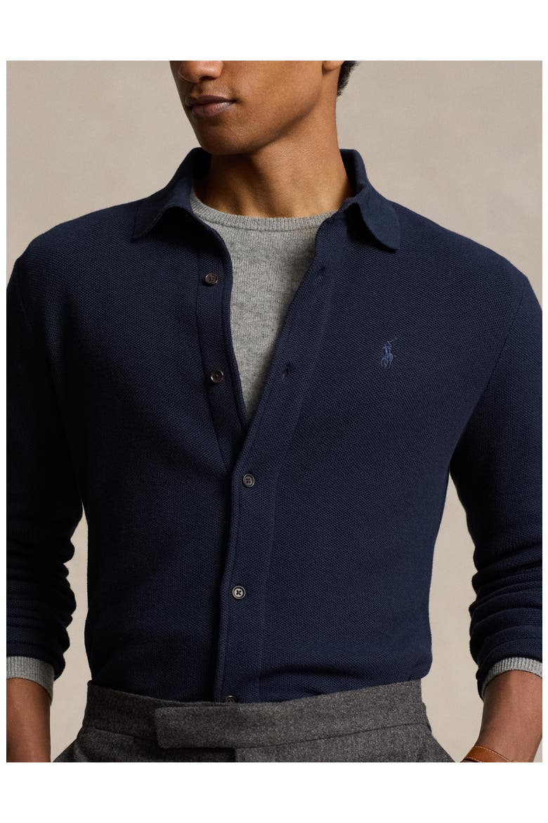 Embroidered Logo Cotton Piqué Cardigan, Alternate, color, HUNTER NAVY