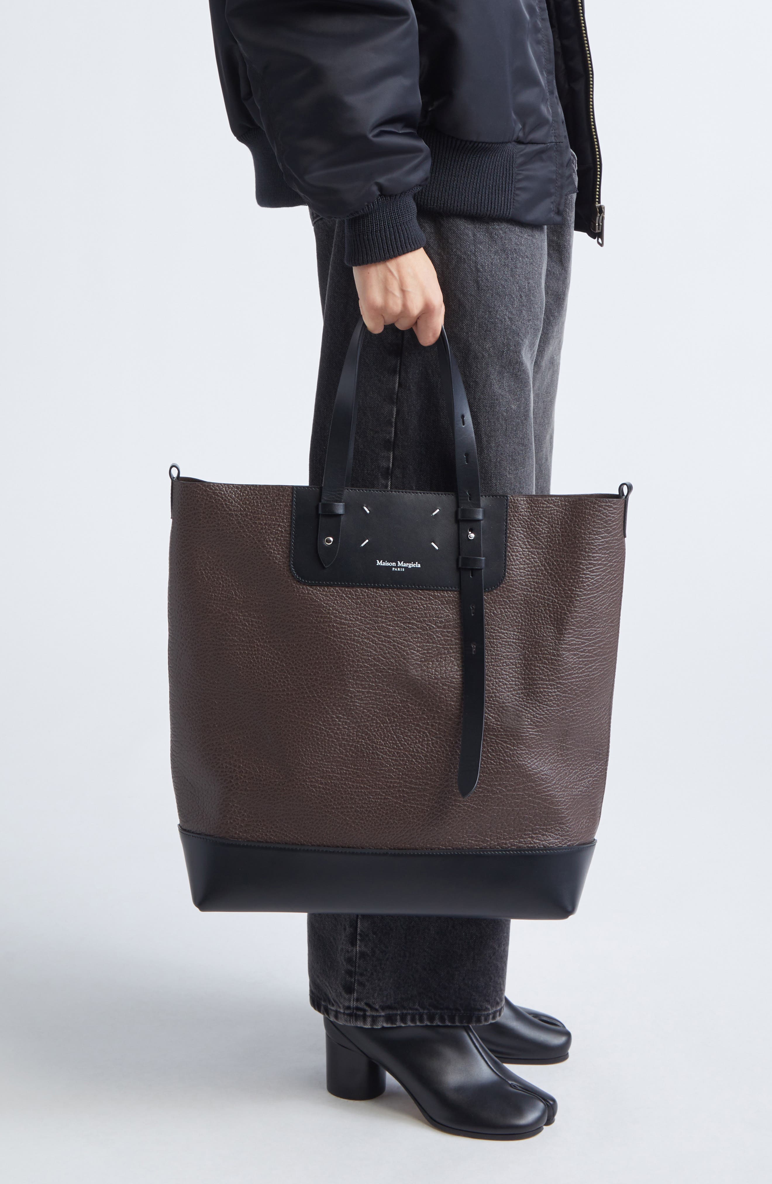 Maison Margiela Colorblock Leather Vertical Tote, Alternate, color, Macassar/ Black