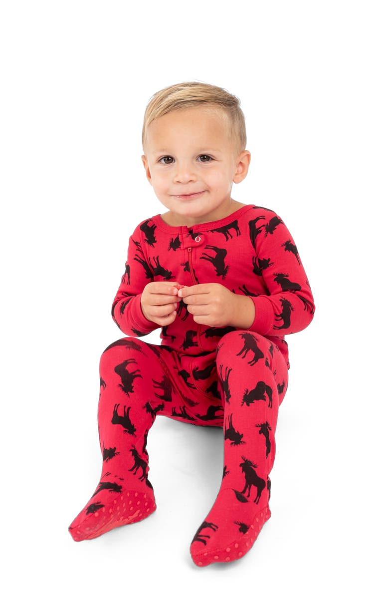Leveret Kids Footed Printed Cotton Matching Family Holiday Pajamas, Argyles & Holiday Prints, Alternate, color, Moose